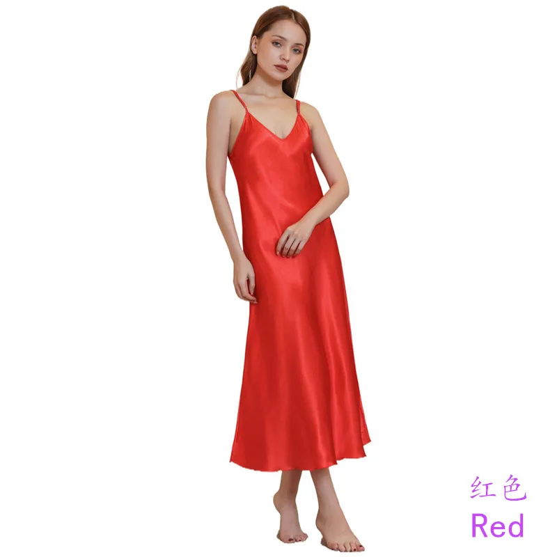 Spring and Summer Women's Nightdress Imitation Silk Suspender V-neck Home Service Sexy Nightwear Sleepwear Women Sleep Tops