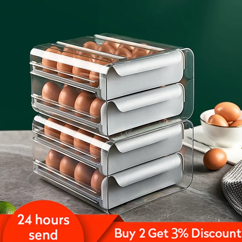 

32 Grid Refrigerator Egg Storage Boxes Organizer Fresh Box Drawer Type Eggs Carton Case Egg Holder Stackable Kitchen Accessories