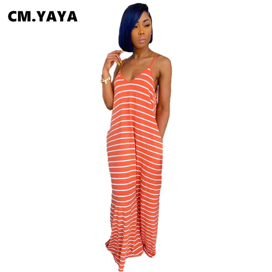 Женское длинное платье-футболка в полоску с V-образным вырезом и боковым карманом