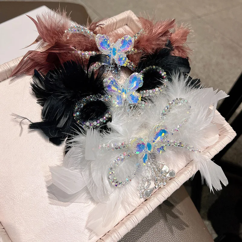 

Women French Feather Bow Hairpins Rhinestone Tassel Ins Spring Clip