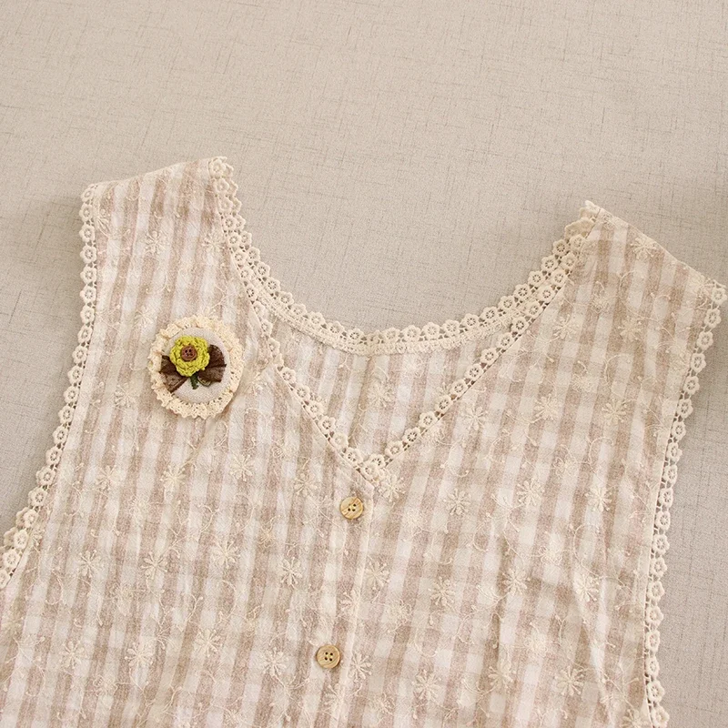 Женский хлопковый топ без рукавов милый клетчатый в японском стиле с вышивкой