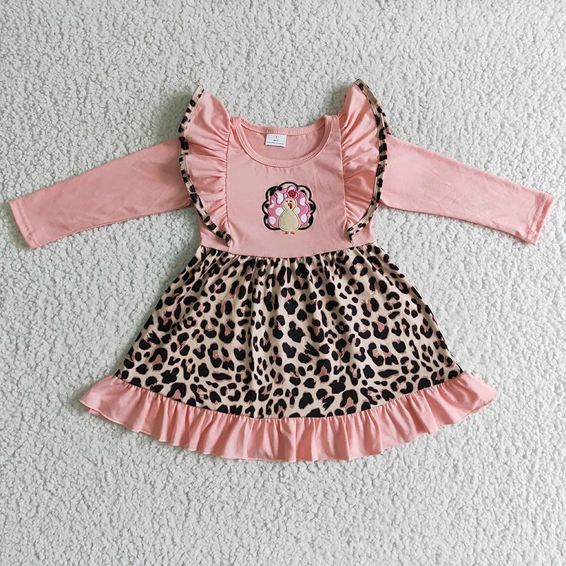 

Children Pink Long Sleeve Kid Infant Leopard Clothes Wholesale Baby Girl Thanksgiving embroidery turkey Fall Toddler Twirl Dress