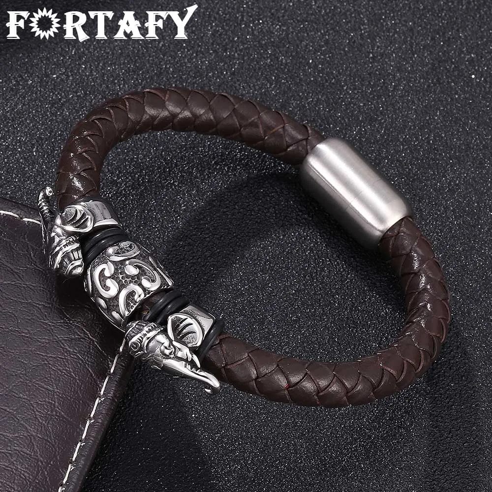 

FORTAFY Jewelry Brown Braided Leather Elephant Bracelet Vintage Stainless Steel Magnetic Clasp Lucky Bracelets Bangles FR0135
