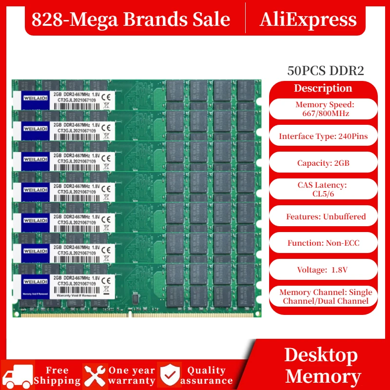 

Weilaidi Desktop Memory RAM DDR2 1GB 2GB 2g PC2-6400 800MHz PC2-5300 667MHZ PC DIMM Memoria 240 Pins For AMD Intel Computer