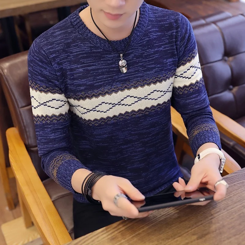 Korean Style Mens Sweaters and Pullovers Knitted Slim Sweater Long Sleeve Pullovers Blue Coat Men Clothing Striped Sweater New