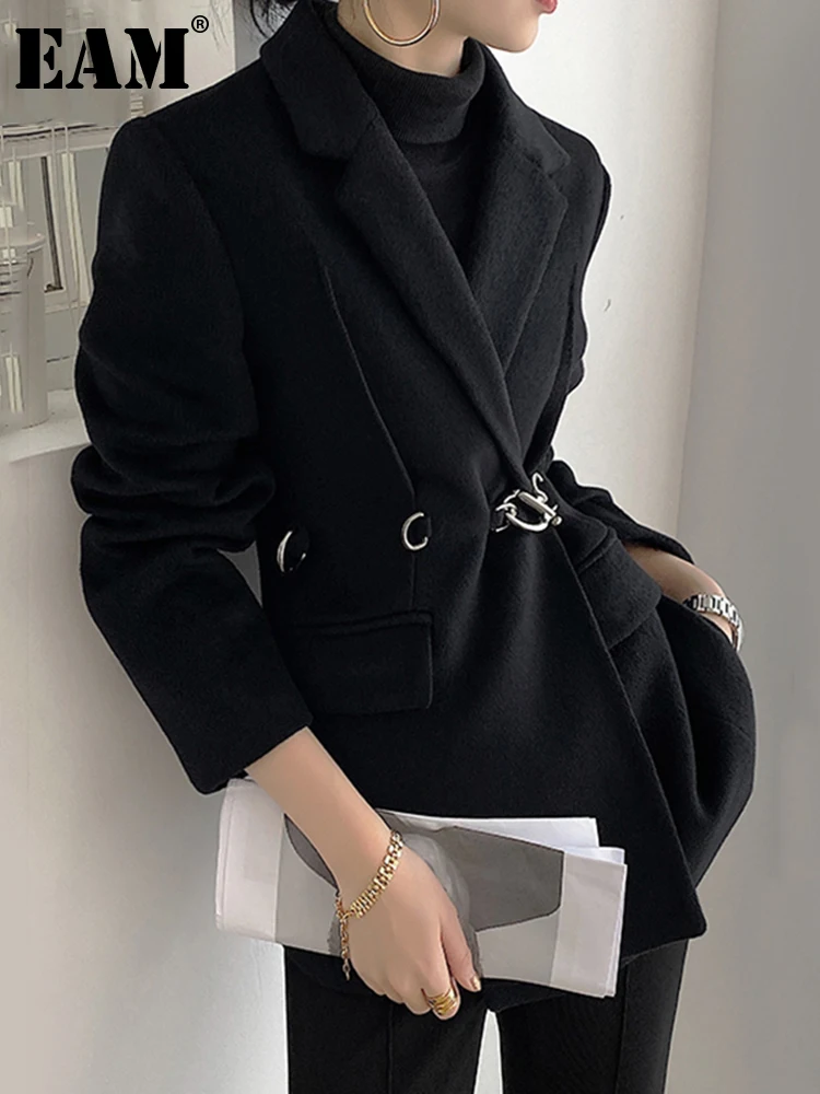 

[EAM] Loose Fit Black Brief Big Size Temperament Woolen Coat Parkas New Long Sleeve Women Fashion Autumn Winter 2022 1DD0424