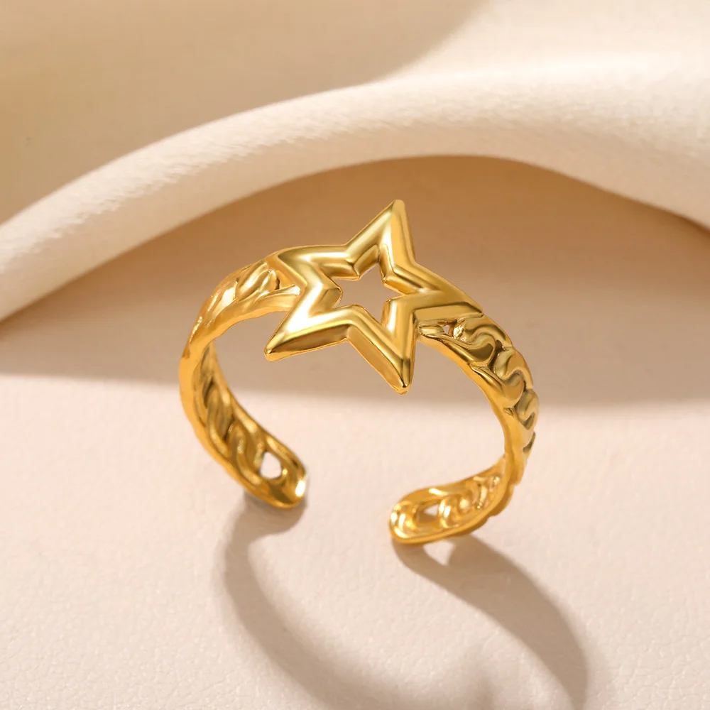 

Star Gold Color Ring Stainless Steel Cuban Chain Adjustable Circlet Fashion Finger Jewelry Accessories For Women Gift