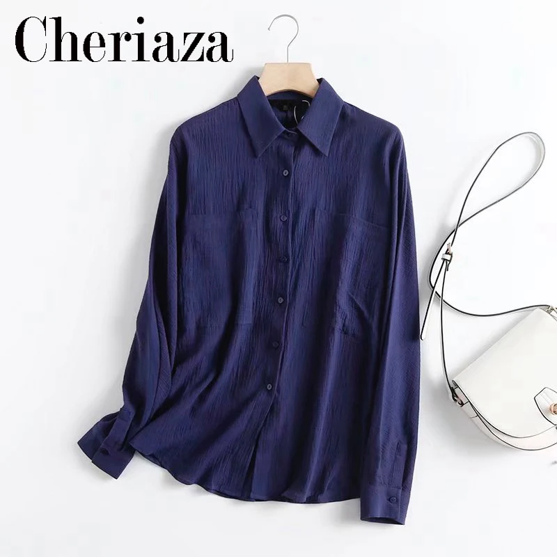 

2022Spring Women's New Blue Cotton Blouse Leisure Long Sleeves Single-breasted Pocket Decorate Solid Color Folds Shirt Female