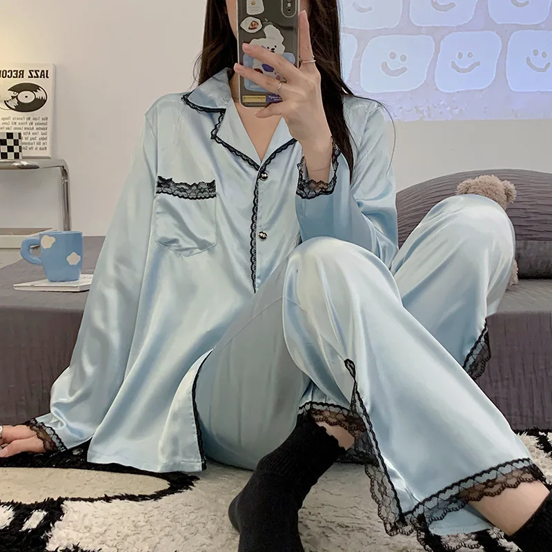 New Pajamas for Women's Spring and Summer Long-sleeved Trousers Lace Decoration Large Size Home Service Suit Casual Sleepwear