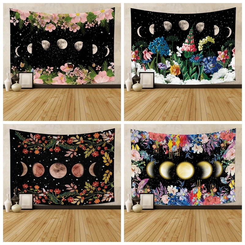 

Floral Moon Phase Tapestry Flowers Wall Hanging Blanket Hippie Mysterious Witchcraft Aesthetic Living Room Bedroom Decor Carpet