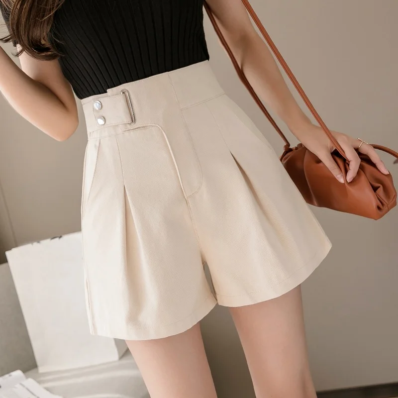 2021 Summer Women Casual Pleated Fold Elegant Shorts Korean Female High Waisted Black Beige Khaki Wide Leg Shorts Office Lady