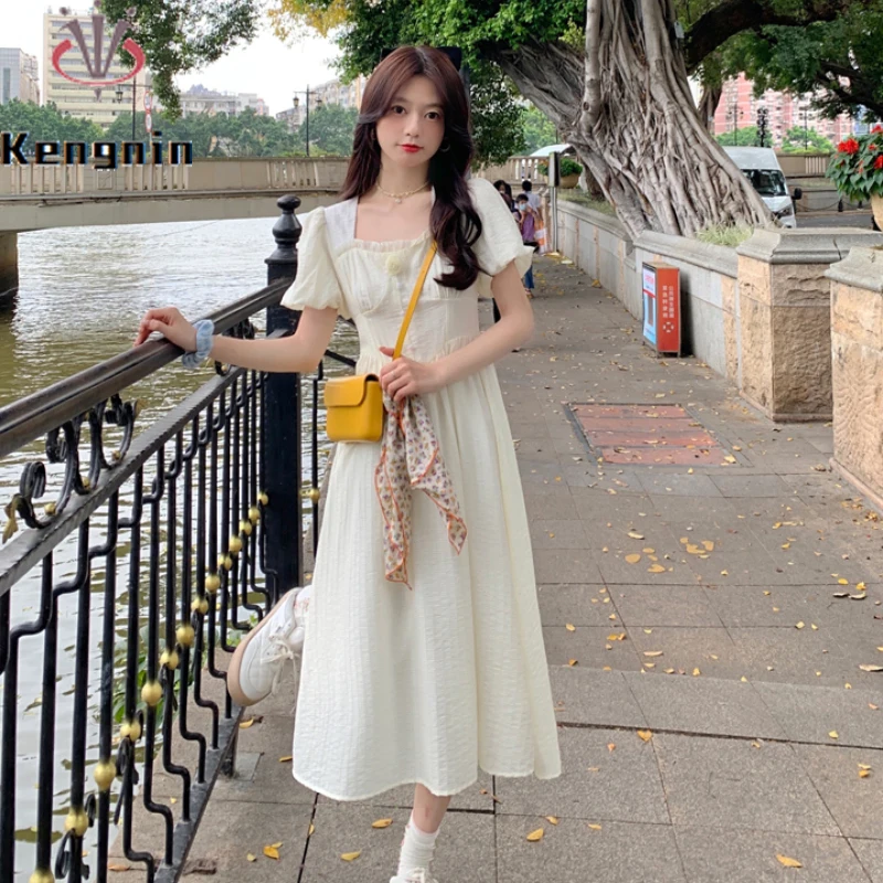 

Plus Size 4XL Women's Clothing Loose Dresses 2022 New Puff Sleeve Lady Vestido Gentle Style Square Collar Female Robe KE2745