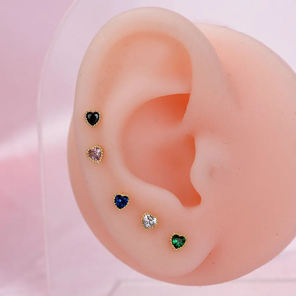 1pc Dainty Female Cute Heart Rainbow Zircon Earring Charm 3 Color Small Stud Earring Helix Stud Ear For Women Piercings Earrings