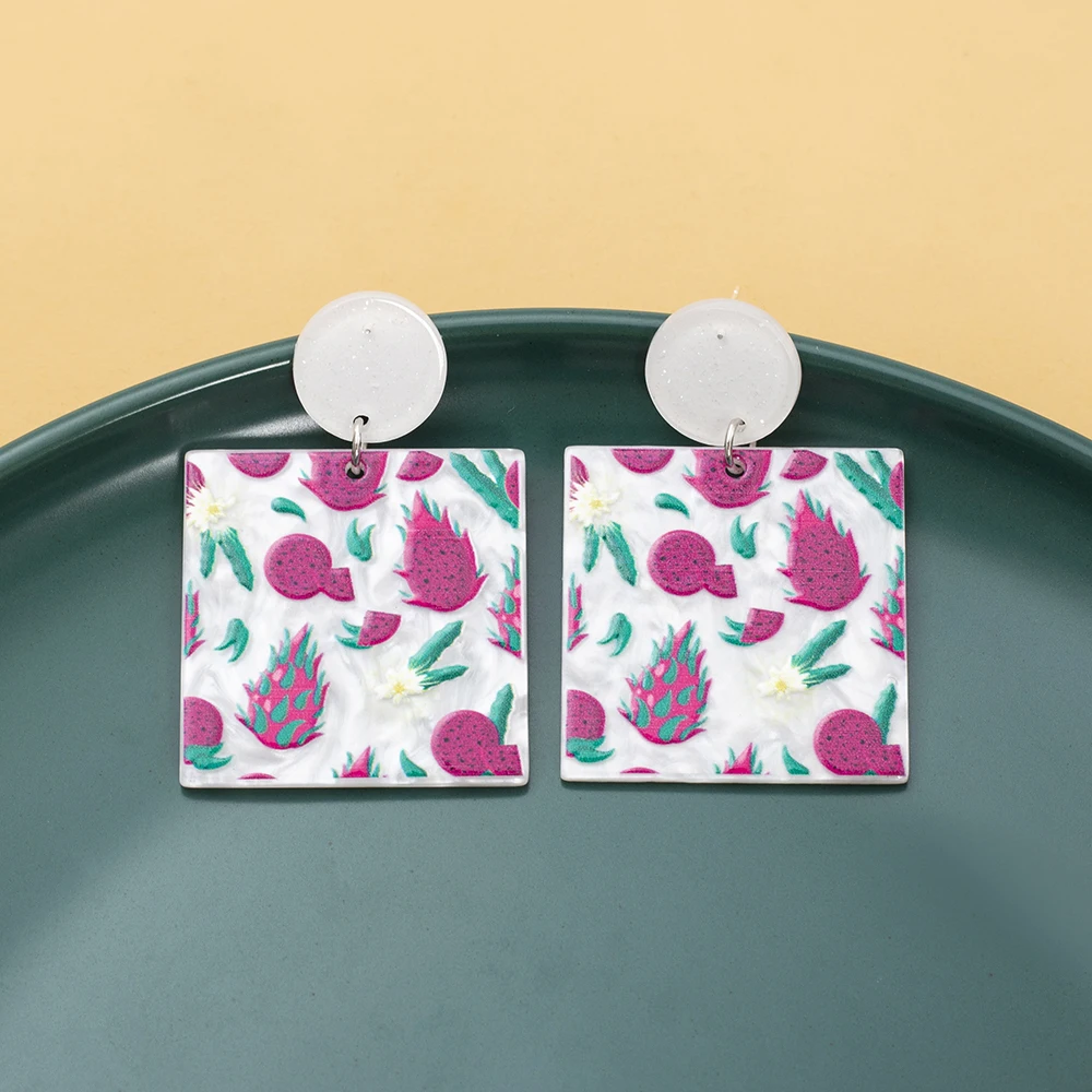 Новые модные квадратные акриловые висячие серьги с рисунком питаи фруктов для