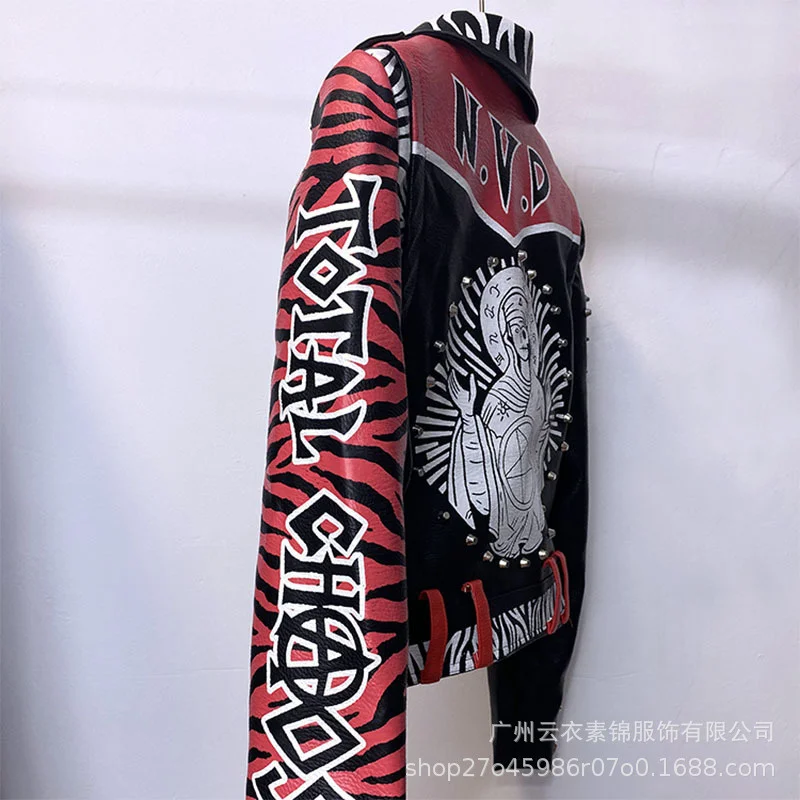 European And American Women'S Leather Coat Fashion Heavy Industry Rivet Letter Graffiti Print Motorcycle Wear   Personality Tren