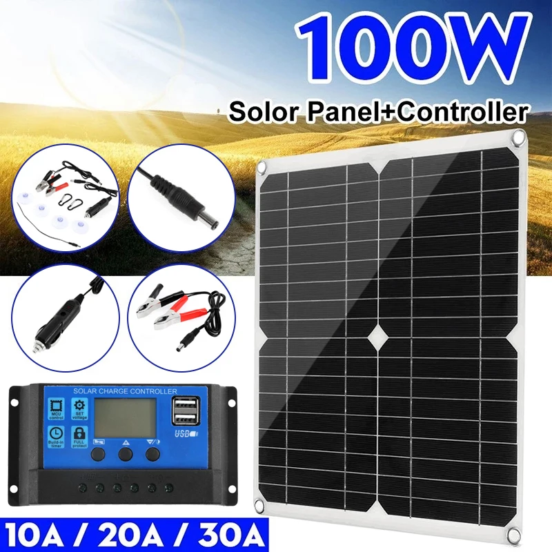 

Солнечная панель 100 Вт, двойная, водонепроницаемая, с зарядным устройством 12 В, 5 В, с разъемом USB, с контроллером 30 А, для использования в маш...