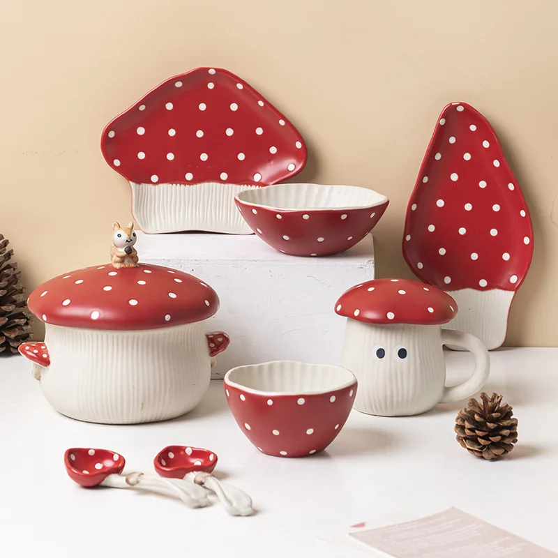 Ceramic Tableware Red Mushroom Series Mug Bowl Instant Noodle Bowl Salad Plate Cute Tableware Set