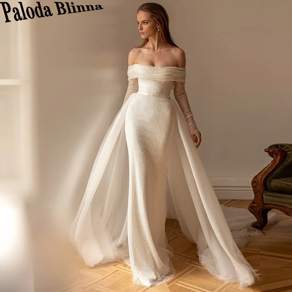 

Paloda Simple Detachable Train Wedding Gown For Bride Mermaid Boat Neck Sequin Shapely Full Sleeves Backless Vestido De Noiva