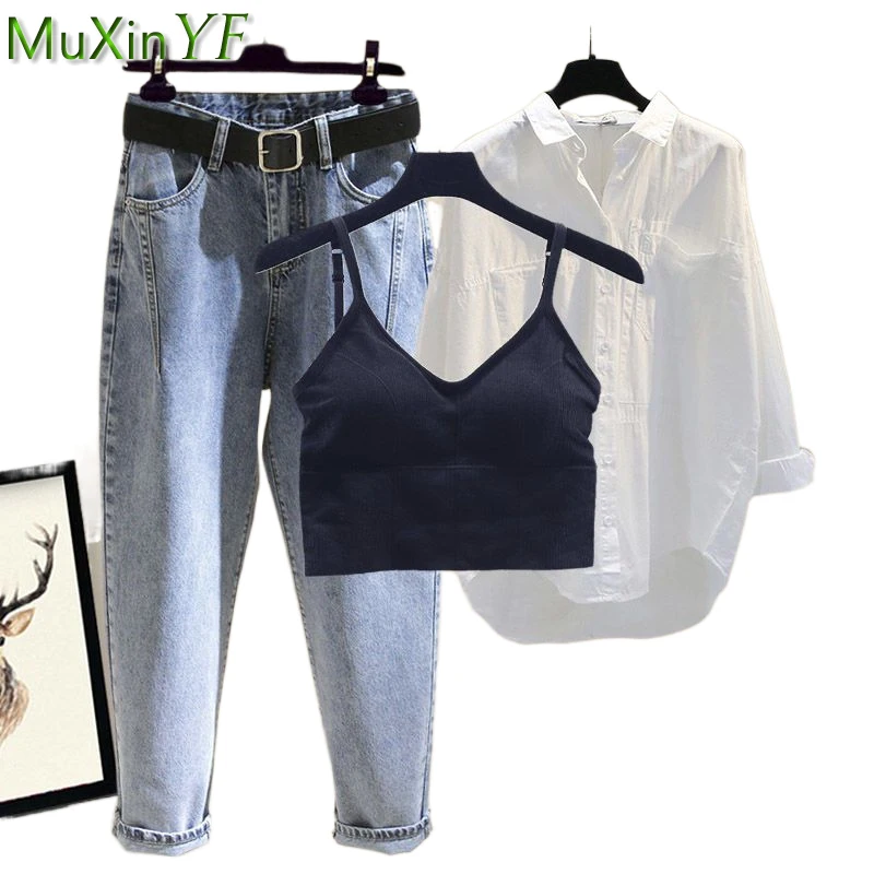

Женский джинсовый комплект, Повседневная Свободная белая рубашка в Корейском стиле, укороченные топы и джинсовые брюки, модный костюм с жилетом и блузкой, весна-лето 2023