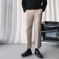 summer ankle length suit pants men solid color slim fit pocket pants korean suit pants mens button mid waist straight leg pants