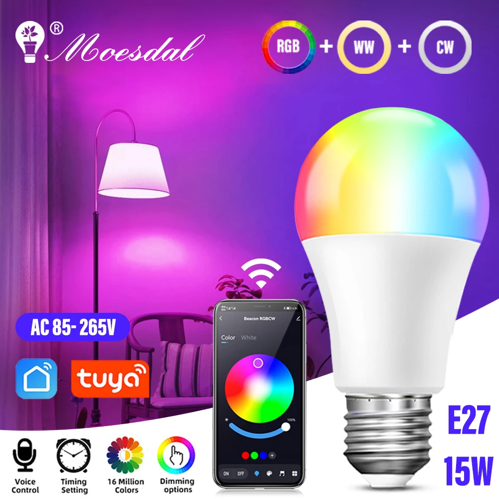 E27 Bluetooth 4.0 LED Wireless Smart Bulb RGBCW 15W TUYA App Dimmable Color Changing Music Sync for Home Bedroom Hotel Bar Party