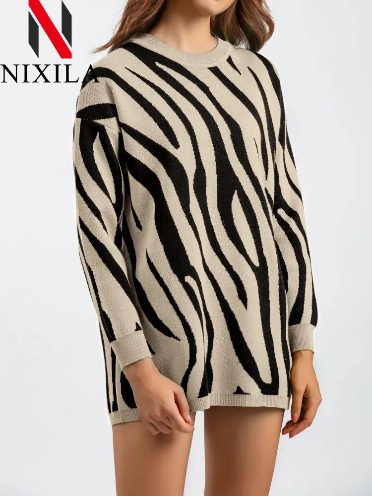 

New In Autumn Winter Ladies Sweater Zebra Fashion Round Neck Pullovers Leisure Elegant Womens Clothing Retro Long Sleeved Tops