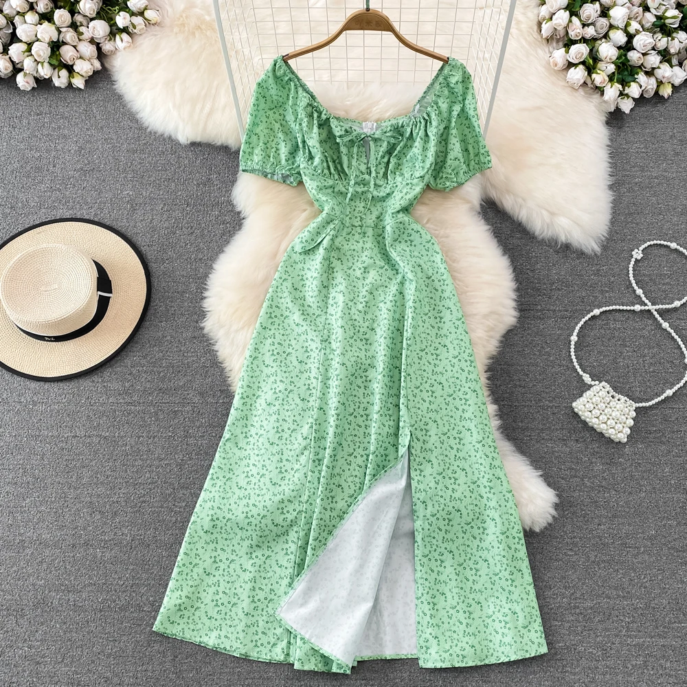 

ELLIEXI Women Sweet Floral Split Mid-length Dress Square Collar Puff Short Sleeves Dresses Lace Up Sexy Dress