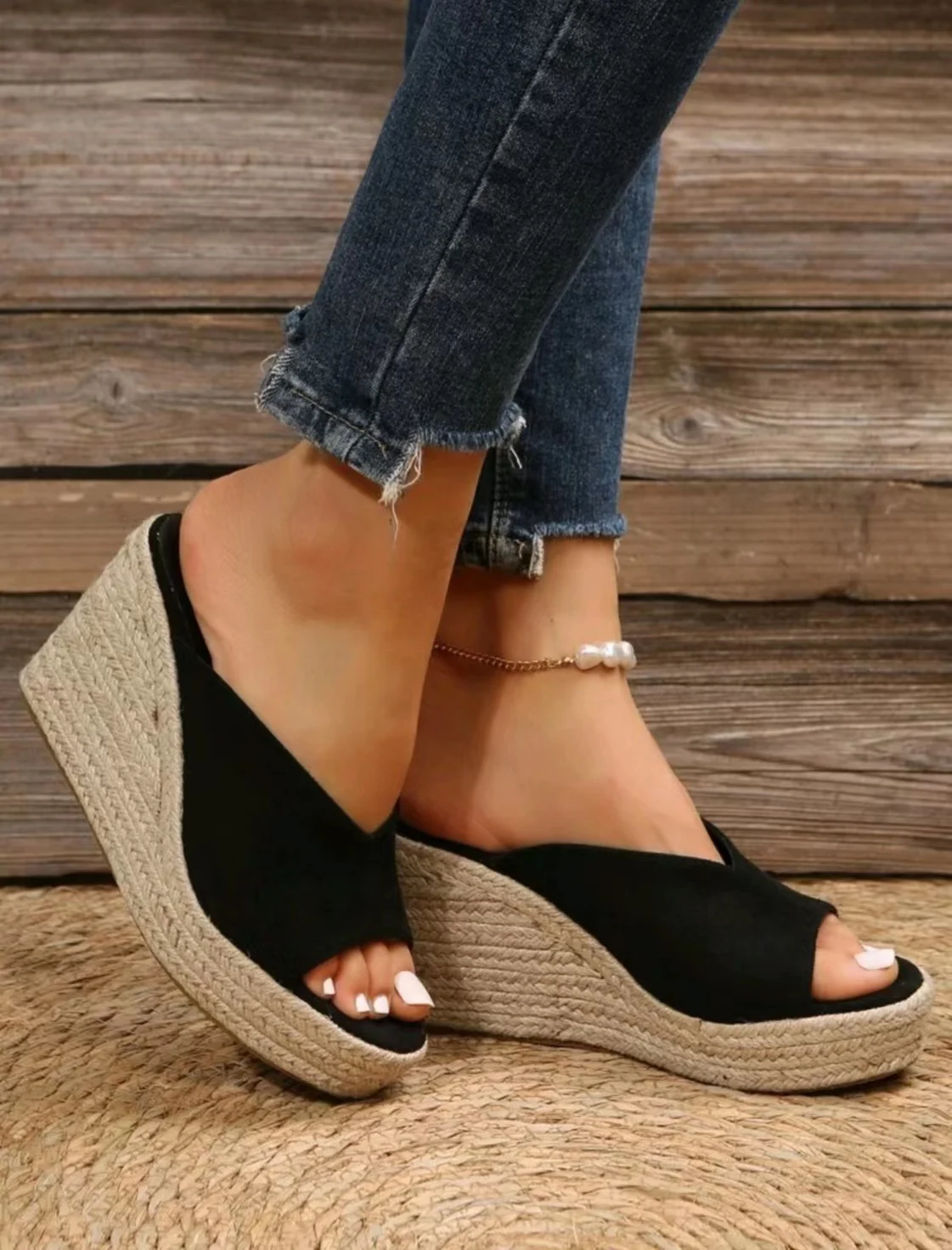 Women's Espadrille Wedge Sandals, Casual Peep Toe Slip On Platform Shoes, Outdoor Slide