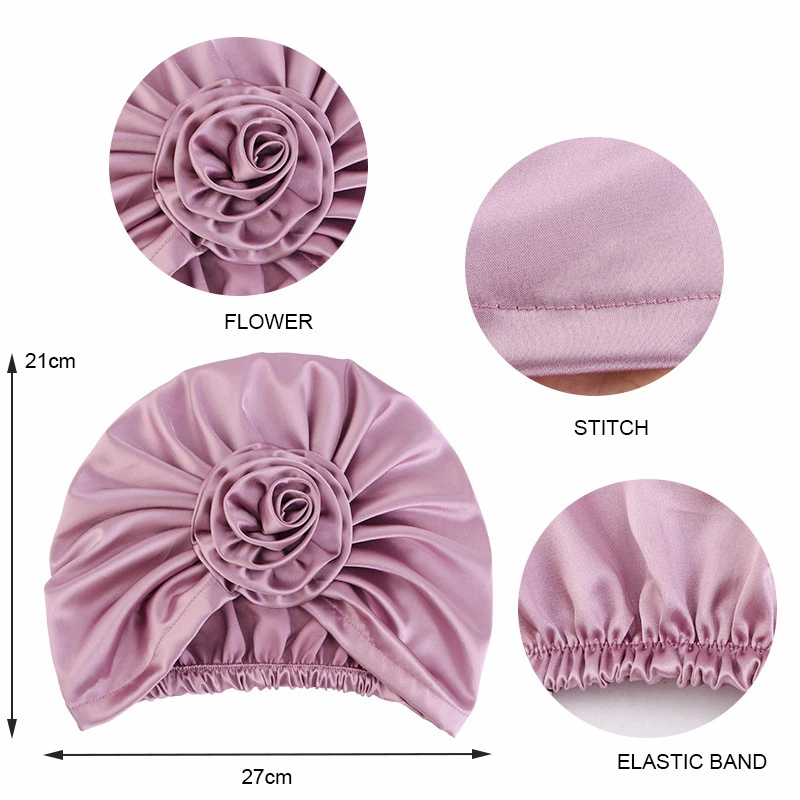 Flower Silk Satin Muslim Women Hijab Night Sleep Chemo Cap Turban Elastic Beanie Indian Hair Care Hat Femme Headwear Cover Wraps