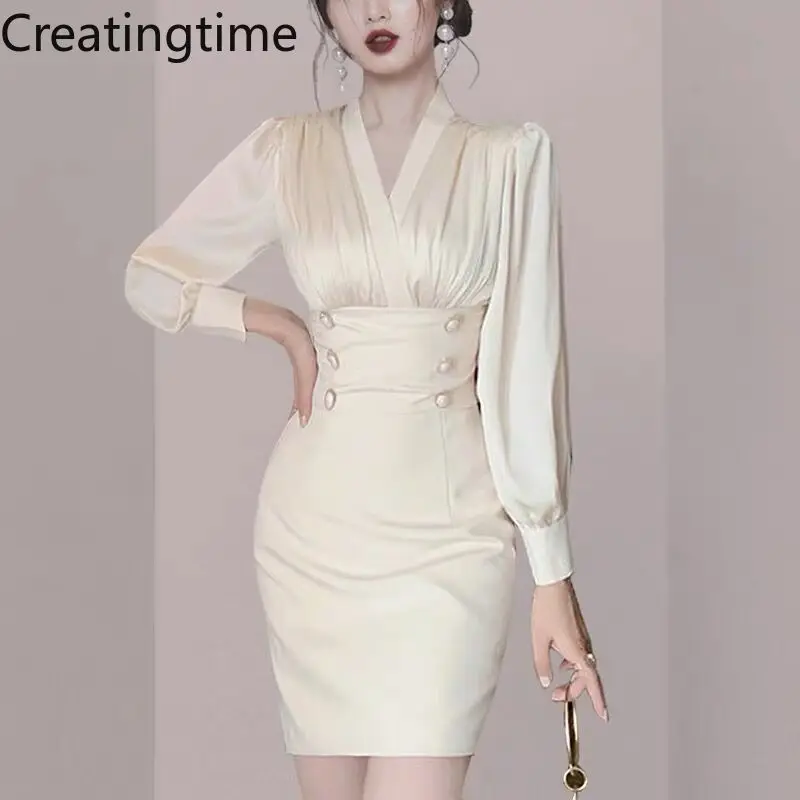 

Creatingtime 2022 Spring New Fashion Tide Women V-neck Double Breasted Long Sleeve Patchwork Zipper Slim High Waist Dress GA521