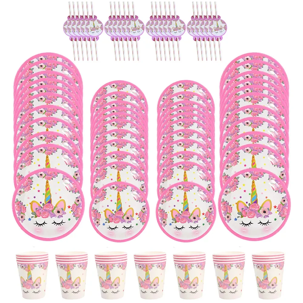 

Unicorn Disposable Tableware Pink Plates Paper Cups Napkins Unicorn Party Disposable for Wedding Birthday Party Decorations