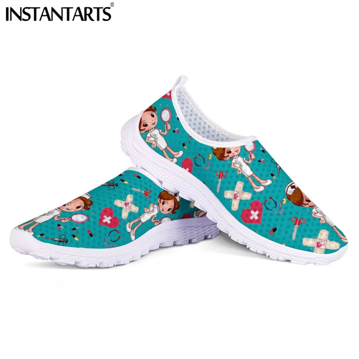 INSTANTARTS Nursing Shoes for Women Cute Cartoon Nurse Doctor Printed Slip On Flats Sneakers Spring/Autumn Casual Ladies Loafers