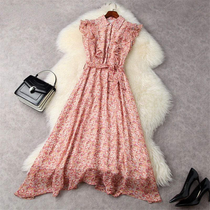 

Женское шифоновое платье с оборками, Элегантное летнее платье без рукавов с цветочным принтом, дизайнерское пляжное платье до середины икр...