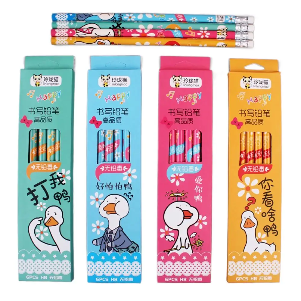 

6Pcs/Set Cute Cartoon Aniamal Duck HB Standard Pencil with Eraser Student Drawing Pencil Kawaii Stationery School Supplies