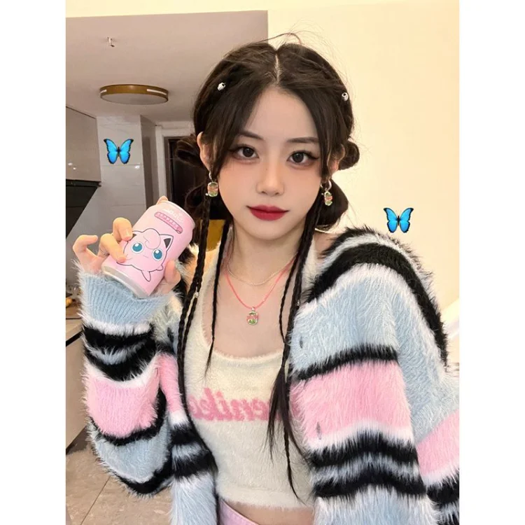 

Korean Sweet Colorful Stripe Cardigans Mujer Autumn E-Girl Long Sleeve Sweaters Women Y2k Aesthetics Loose Knitted Cardigan