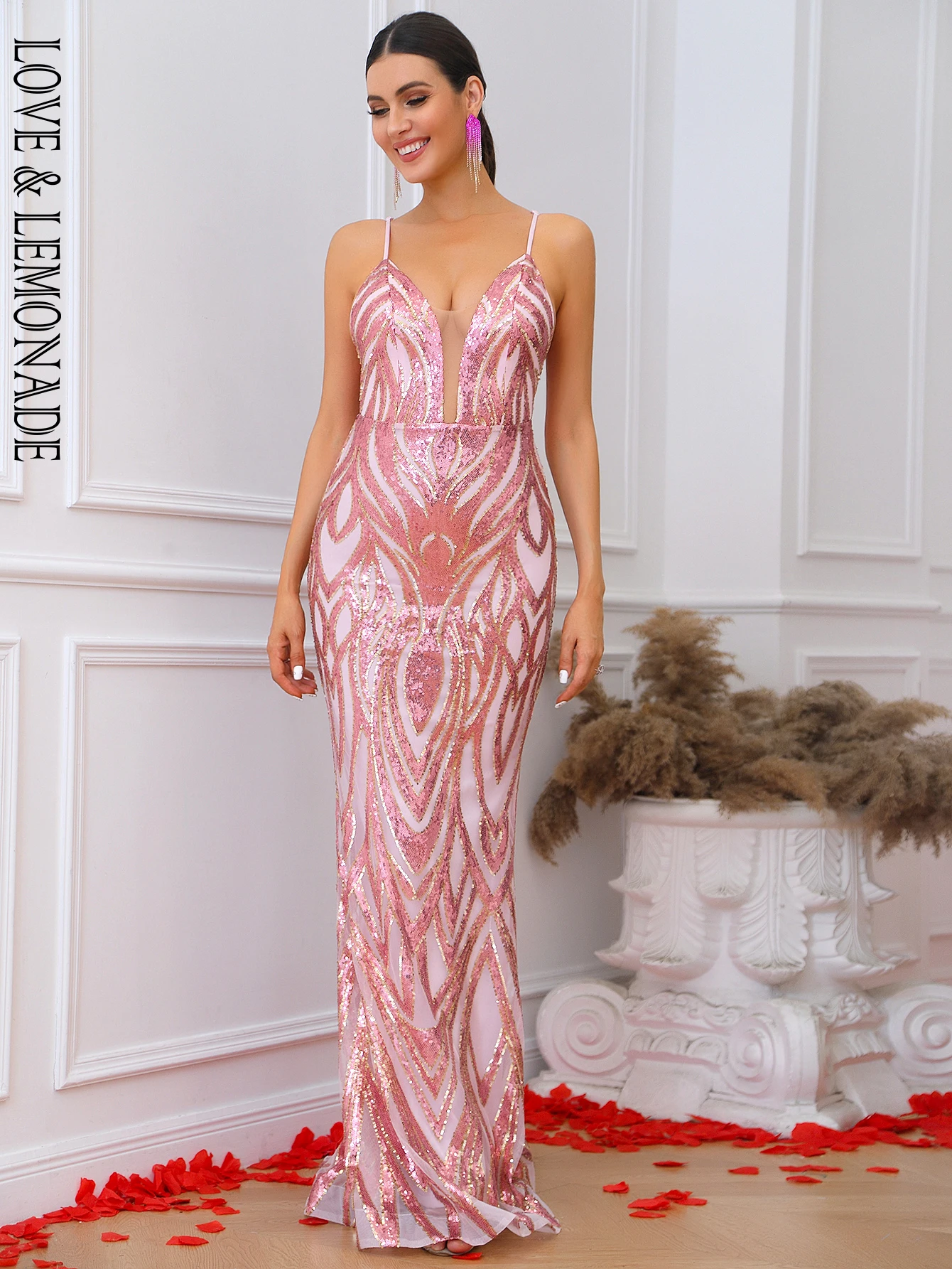 

LOVE&LEMONADE Sexy Pink V-Neck Strapless Sleeves Drop-Geo Graphic Party Extra Long Fishtail Floor Dress LM83971