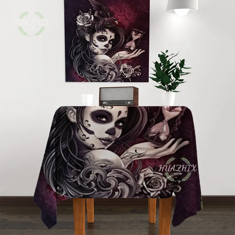 

Vivid Skull Refined Art Tablecloth Waterproof Anti-fouling Table Cloth Black and White Watercolor Decorative Accessories Party