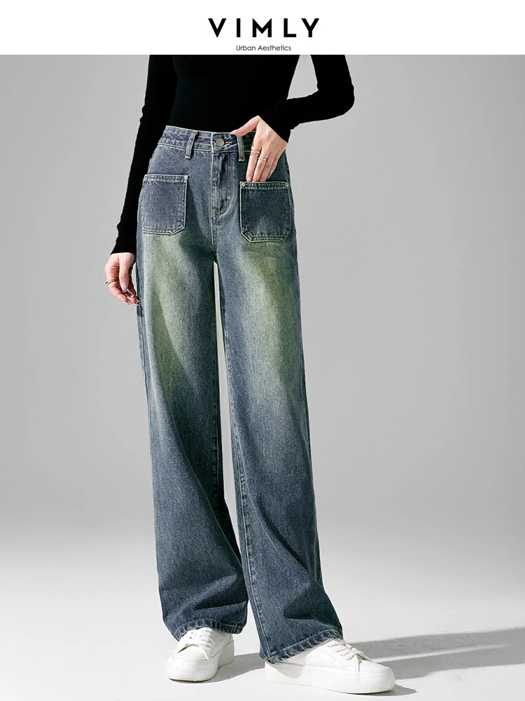 

Vimly Women's Vintage Jeans High Waist Cotton Denim Baggy Pants 2023 New Autumn Straight Loose Womans Trousers Clothing 72201