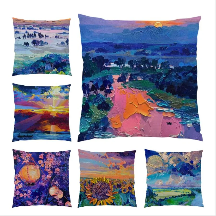 

Oil Painting Cushion Cover 45x45 Stripes Plaids Print Throw Pillow Covers Velvet Living Room Decoration Simple Gift Sofa E0314