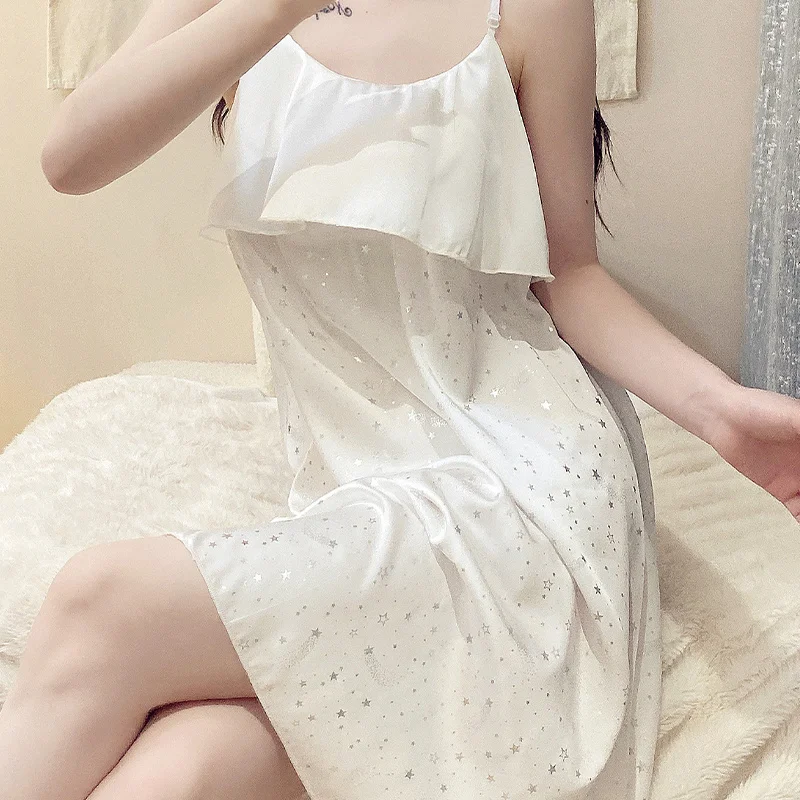 

Модная Летняя женская ночная рубашка, короткая белая атласная ночная рубашка, ночная рубашка, одежда для сна, рубашка