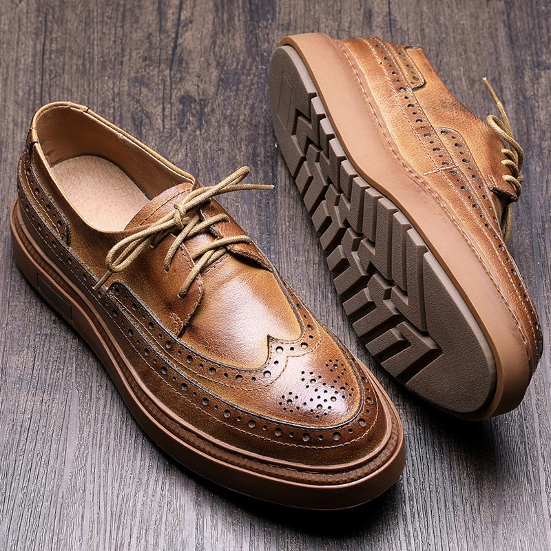 

Trendy Brogue Leather Shoes British Men's Autumn Flats Lace-up Classical Carved All-match Simple Oxfords Leisure Man