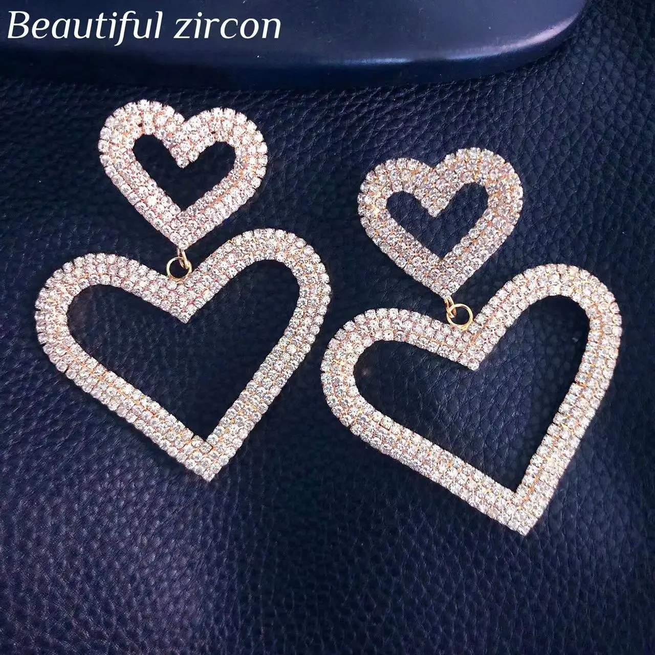 

Fashion luxury shiny Rhinestone hollowed out double peach heart pendant earrings women's simple crystal wedding Earrings Jewelry