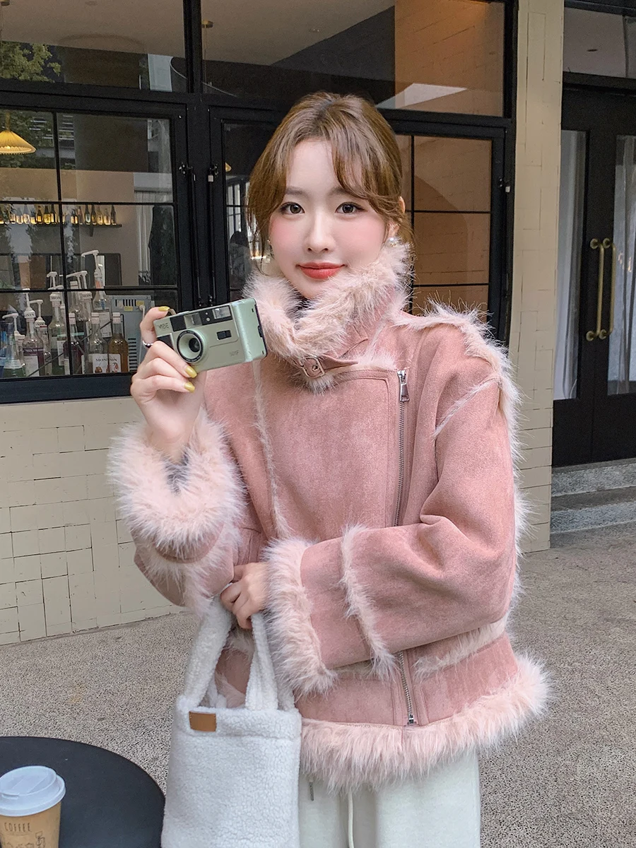 Pink Environmental Protection Fur Outerwear Women 2024 Winter clothes New Furry Retro Thickened Stand Collar Integrated Coat |