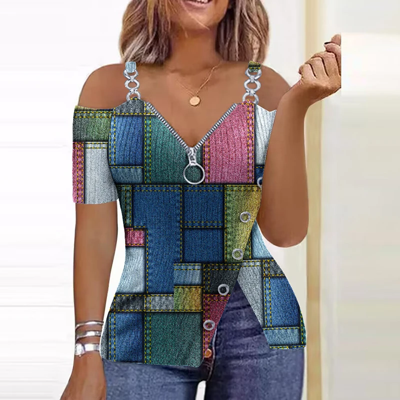 

Женский Асимметричный пуловер с коротким рукавом, шикарная рубашка на молнии, на пуговицах, Офисная модная блузка с открытыми плечами и цепочками, на лето