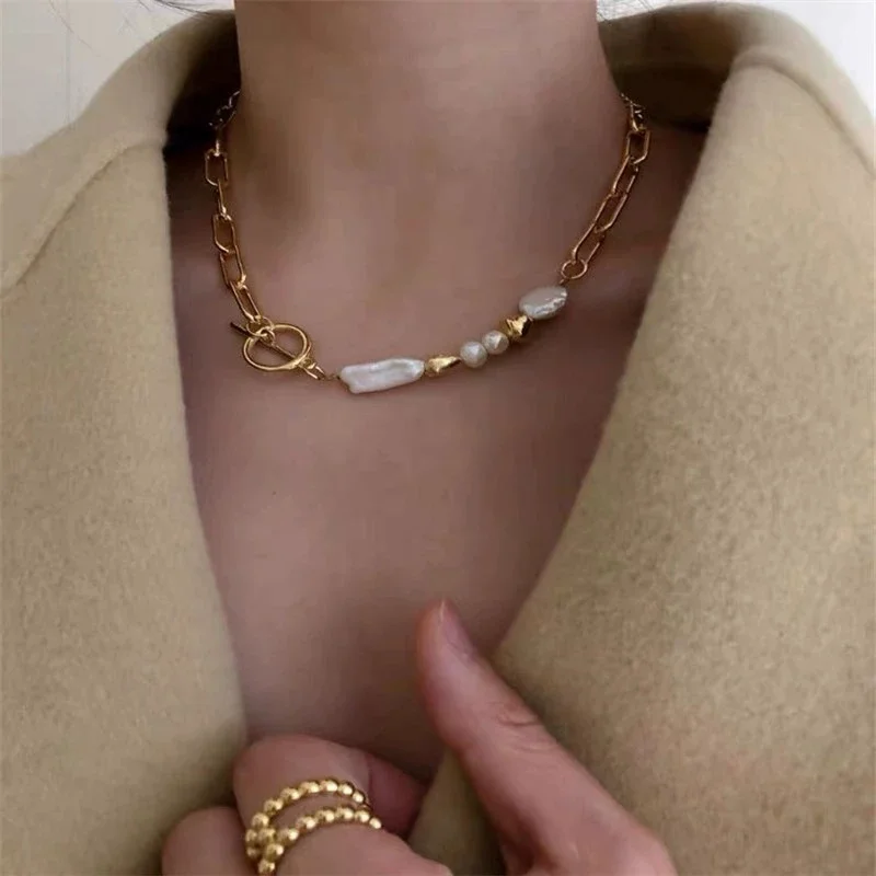 

South Korea Dongdaemun new fashion baroque pearl necklace metal chain buckle pearl chain necklace free shipping