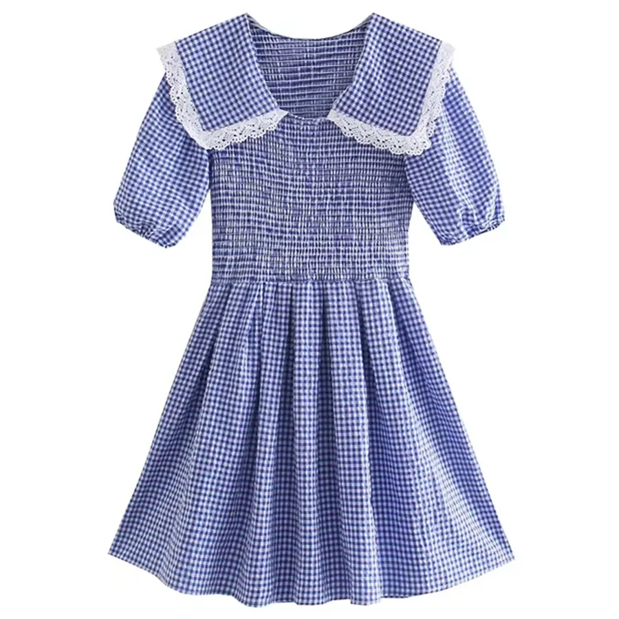 

Jenny&Dave England Style Summer dress Fashion High Street Vintage Peter Pan Collar blue Plaid Lace Splicing Sheath Party Dress