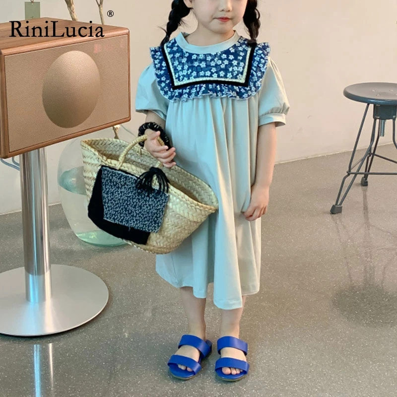 

RinicLucia 2022 New Summer Cotton Baby Girls O Neck Half Sleeve Midi Dress Children's Clothing Kids Korean Dresses Cute Clothes