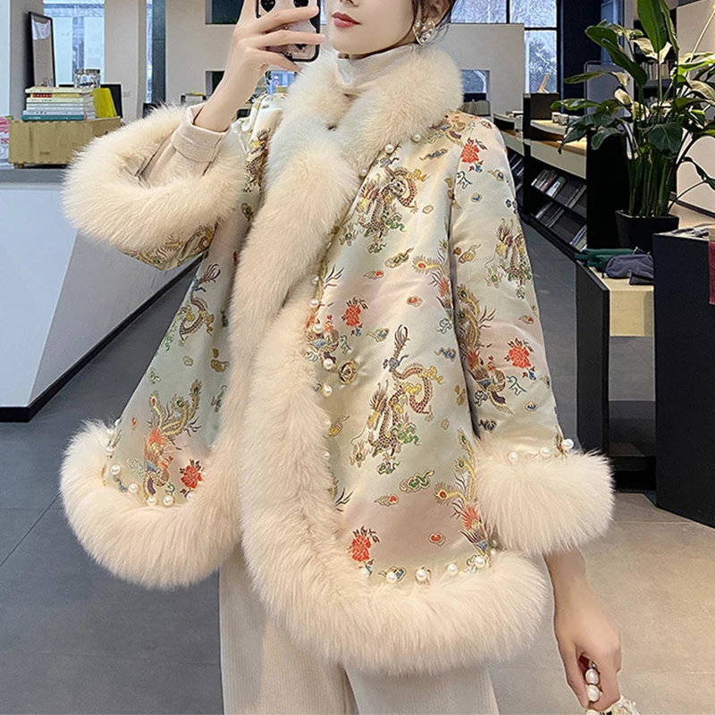 

Embroidery Female Coat Winter Faux Fur Jacket Harajuku Mid-length Beading Tang Suit Cloak Women Outwear Elegant Furry Warm Coat