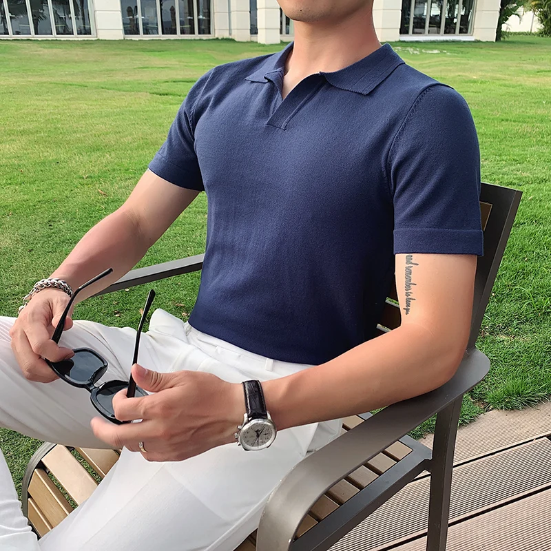 

2022 British Style Summer Knitted Polo Shirt Men Short Sleeve Solid Tops Fashion Streetwear Slim Fit Men's Casual Polo Shirt B33