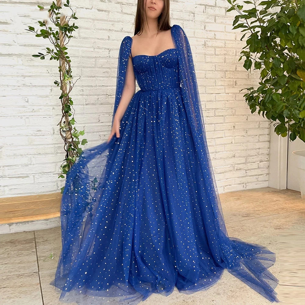 

Sparkly Royal Blue Starry Tulle Prom Dresses Long Cape Sleeves Sweetheart A-Line Formal Party 2023 Evening Gowns Robe فستان سهرة